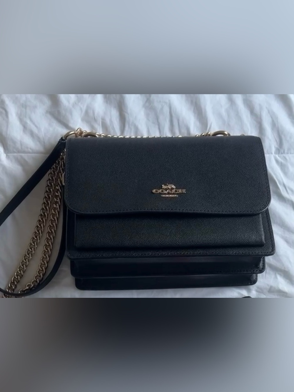 Coach Black Pebbled Leather Chain Crossbody Bag with Gold Hardware